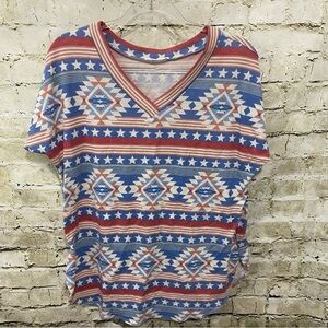 Bombom Red Blue Patriotic Stars V Neck Short Sleeve Top